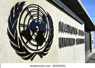 GENEVA, SWITZERLAND, 18 MARCH 2017: The Emblem Of The United Nations (UN), An Intergovernmental Organization To Promote International Co-operation, On The Wall Of The UN Headquarters In Geneva.