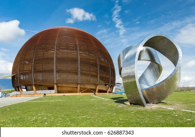 GENEVA, SWITZERLAND, 26 MARCH 2017: The Globe of Science & Innovation and the 15-tonne steel sculpture in CERN. The sculpture was designed by Canadian artist Gayle Hermick