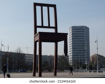 Geneva, Switzerland - 3 12 2015: Chair monument in front of United Nations building in Geneva - dedicated to all victims of landmines