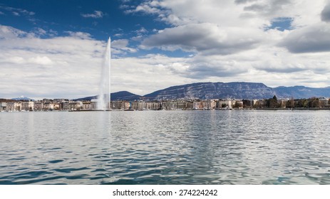GENEVA, SWITZERLAND - APRIL 11: Exterior views of the buildings and fountain at the Geneva Lake on April 11, 2015. Its the second most populous city in Switzerland (after Zurich).
