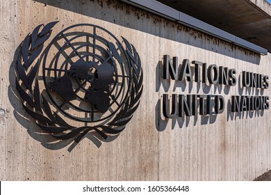 Geneva, Switzerland - April 15, 2019: United Nations sign located outside the United Nations Office in Geneva - image