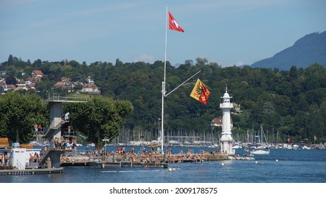 GENEVA, SWITZERLAND - Aug 12, 2012: Summer in the city of Geneva, Lake Geneva, Switzerland, summer vibes, lake, summer cityscape, summer weather in the city, Lac Leman