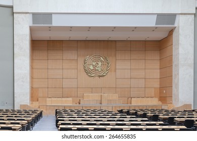 Geneva, Switzerland - August 23, 2014 - The Assembly Hall In United Nations Office (UNOG) In Geneva, Switzerland. The Assembly Hall Is Used For Big Meetings Such As The World Health Assembly.