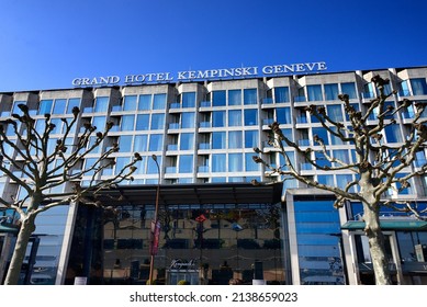 Geneva, Switzerland, Europe - 03.16.2017 : Grand Hotel Kempinski Geneve - presently Fairmont Grand Hotel Geneva, Quai du Mont-Blanc in city center, waterfront to Geneva Lake
