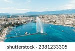 Geneva, Switzerland. Fountain Je-Deau. Large fountain jet up to 140 meters. The main attraction of Lake Geneva. Summer day, Aerial View  