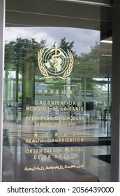 Geneva, Switzerland - July 13, 2021: World Health Organization Building Entrance Glass Door