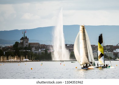 Geneva, Switzerland - June 02, 2018 : sailing boat race on Lake Geneva named GRG regatta (Geneva - Rolle - Geneva regatta), organised by the Yacht Club de Genève.