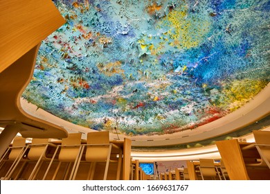 Geneva, Switzerland - June 2019: Human Rights hall Interior fragment in the United Nations Organization