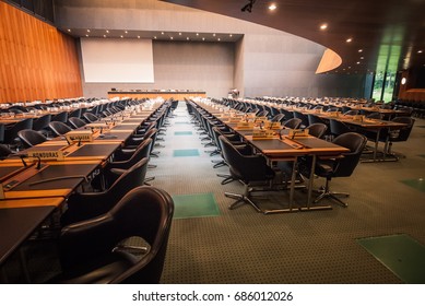 GENEVA, SWITZERLAND - June 6, 2012: WTO Meeting Room And WTO Members' Nameplates At The WTO Headquarters In Geneva