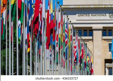 GENEVA, SWITZERLAND - JUNE 6, 2016: National flags at the entrance in UN office at Geneva, Switzerland . The United Nations was established in Geneva in 1947 and is the second largest UN office