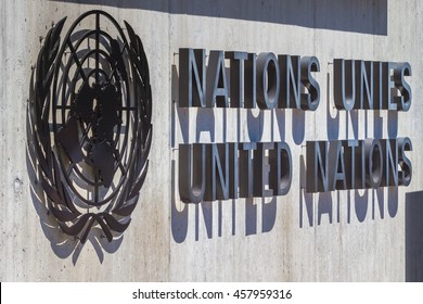 GENEVA, SWITZERLAND - JUNE 6, 2016: View Of The Logo At Entrance To United Nations (Palace Of Nations) 