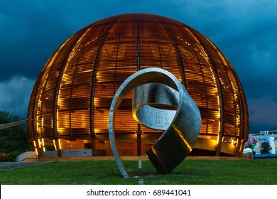 GENEVA, SWITZERLAND - JUNE 8, 2016: The Globe of Science & Innovation in CERN research center, home of Large Hadron Collider (LHC for test theories in particle physics, like properties of  Higgs boson