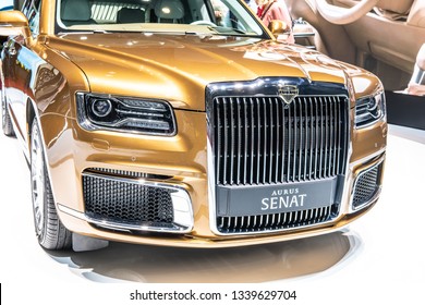 Geneva, Switzerland, March 05, 2019: Aurus Senat Car At Geneva International Motor Show, Full-size Luxury Car Armored Limousine, Developed By NAMI, Presidential State Car Of Russia,