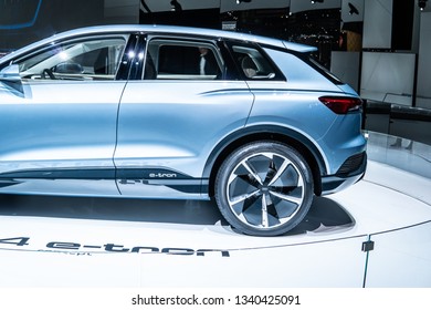 Geneva, Switzerland, March 05, 2019: New all-electric Audi Q4 e-tron concept car – highly automated prototype for the future at Geneva International Motor Show, produced by Audi AG - Shutterstock ID 1340425091