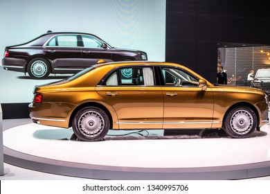 Geneva, Switzerland, March 05, 2019: Aurus Senat Car At Geneva International Motor Show, Full-size Luxury Car Armored Limousine, Developed By NAMI, Presidential State Car Of Russia,