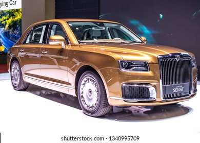 Geneva, Switzerland, March 05, 2019: Aurus Senat Car At Geneva International Motor Show, Full-size Luxury Car Armored Limousine, Developed By NAMI, Presidential State Car Of Russia,