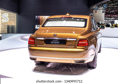 Geneva, Switzerland, March 05, 2019: Aurus Senat Car At Geneva International Motor Show, Full-size Luxury Car Armored Limousine, Developed By NAMI, Presidential State Car Of Russia,