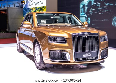 Geneva, Switzerland, March 05, 2019: Aurus Senat Car At Geneva International Motor Show, Full-size Luxury Car Armored Limousine, Developed By NAMI, Presidential State Car Of Russia,