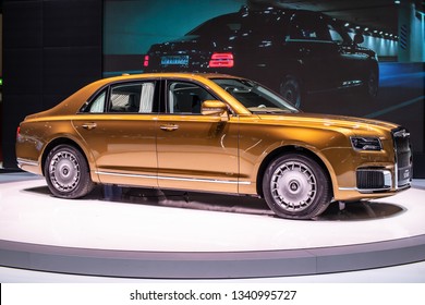 Geneva, Switzerland, March 05, 2019: Aurus Senat Car At Geneva International Motor Show, Full-size Luxury Car Armored Limousine, Developed By NAMI, Presidential State Car Of Russia,