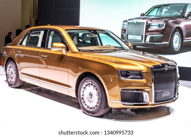 Geneva, Switzerland, March 05, 2019: Aurus Senat Car At Geneva International Motor Show, Full-size Luxury Car Armored Limousine, Developed By NAMI, Presidential State Car Of Russia,