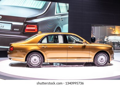 Geneva, Switzerland, March 05, 2019: Aurus Senat Car At Geneva International Motor Show, Full-size Luxury Car Armored Limousine, Developed By NAMI, Presidential State Car Of Russia,