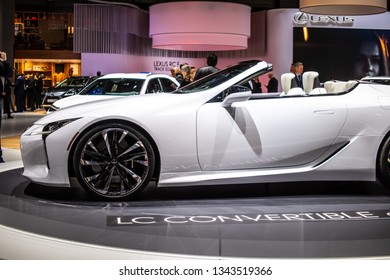 Geneva, Switzerland, March 05, 2019: Lexus LC Convertible Concept Prototype Car At Geneva International Motor Show, Tadao Mori As Chief Designer, Produced By Japanese Car Maker Lexus