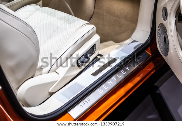 Geneva, Switzerland, March 05, 2019: Bentley New\
Continental GT Convertible , control board, steering wheel,\
upholstery, seats, at Geneva International Motor Show, cabrio\
produced by Bentley