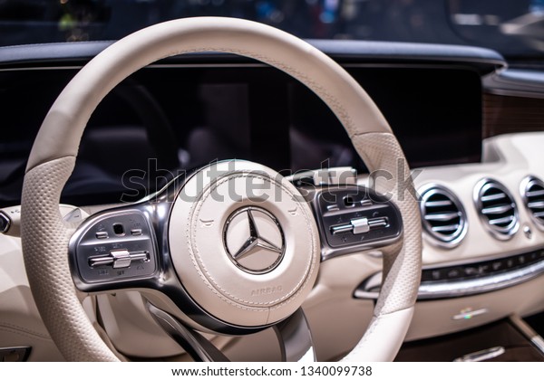 Geneva, Switzerland, March 05, 2019: inside Mercedes\
Benz S 560 4Matic Cabriolet at Geneva International Motor Show,\
produced by Mercedes-Benz, control board, steering wheel,\
upholstery, seats, 
