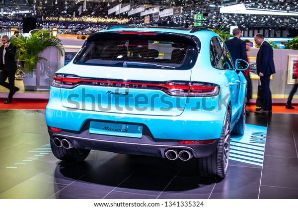 Geneva,
Switzerland, March 05, 2019: all new blue Porsche Macan S 2019
model at Geneva International Motor Show, five-door luxury
crossover utility vehicle CUV produced by
Porsche