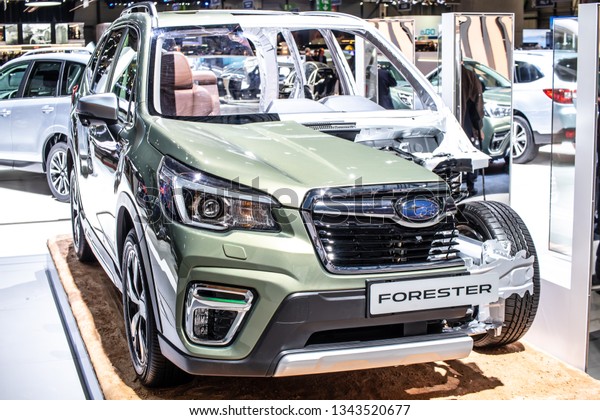 Geneva,\
Switzerland, March 05, 2019: cross section of all-new Subaru\
Forester at Geneva International Motor Show, Fifth generation, sk,\
compact crossover SUV manufactured by\
Subaru