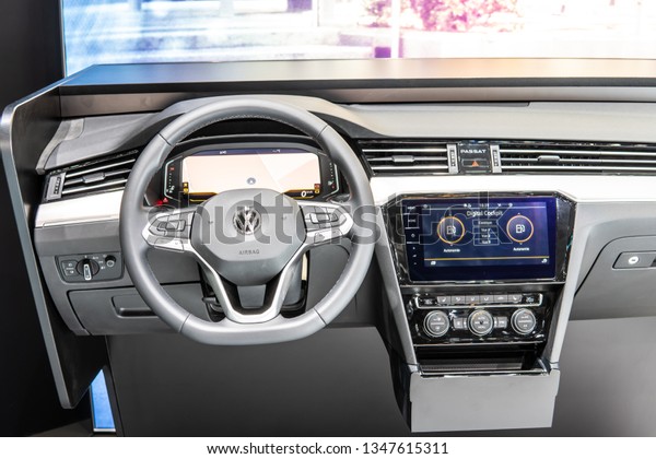 Geneva, Switzerland, March 05, 2019: Volkswagen VW\
Passat control board, steering wheel, upholstery at Geneva\
International Motor Show, eighth generation facelift, produced by\
Volkswagen Group 