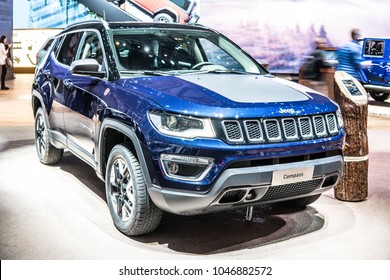 Geneva, Switzerland, March 06, 2018: metallic blue Jeep Compass 4x4 compact crossover SUV at 88th Geneva International Motor Show GIMS, Jeep is a brand of American automobiles