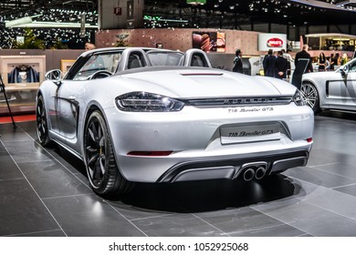 Geneva, Switzerland, March 06, 2018: metallic silver Porsche 718 Boxster GTS at 88th Geneva International Motor Show GIMS