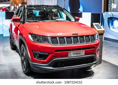 Geneva, Switzerland, March 06, 2018: metallic red Jeep Compass 4x4 compact crossover SUV at 88th Geneva International Motor Show GIMS, Jeep is a brand of American automobiles