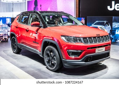Geneva, Switzerland, March 06, 2018: metallic red Jeep Compass 4x4 compact crossover SUV at 88th Geneva International Motor Show GIMS, Jeep is a brand of American automobiles