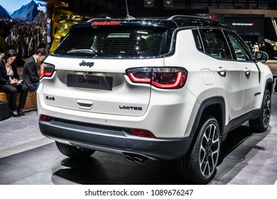 Geneva, Switzerland, March 06, 2018: metallic white Jeep Compass 4x4 Limited compact crossover SUV at 88th Geneva International Motor Show GIMS, Jeep is brand of American automobiles