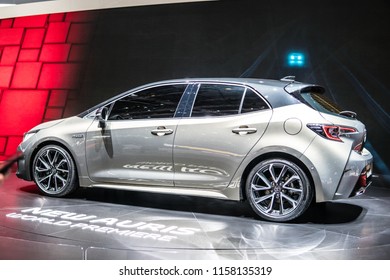 Geneva, Switzerland, March 06, 2018: metallic silver new Toyota Auris Hybrid at 88th Geneva International Motor Show GIMS, produced by Japanese automaker, Toyota booth - Shutterstock ID 1158135319