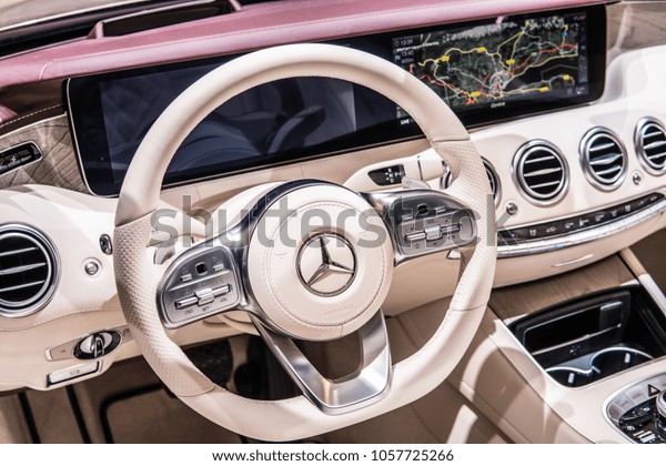 Geneva, Switzerland, March 06, 2018: Mercedes Benz S 560\
Cabriolet at 88th Geneva International Motor Show GIMS, produced by\
Mercedes-Benz, control board, steering wheel, upholstery, seats,\
