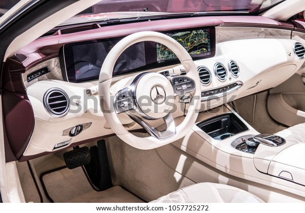 Geneva, Switzerland, March 06, 2018: Mercedes Benz S 560\
Cabriolet at 88th Geneva International Motor Show GIMS, produced by\
Mercedes-Benz, control board, steering wheel, upholstery, seats,\
