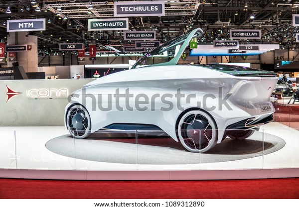 Geneva, Switzerland, March 06, 2018: Icona Nucleus\
autonomous electric MPV Concept car at 88th Geneva International\
Motor Show, fully autonomous six-seater people carrier by Italian\
design firm Icona