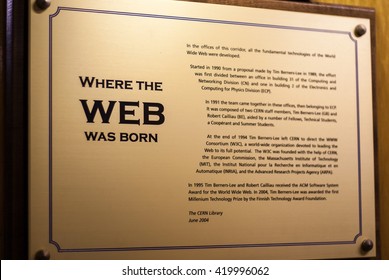 GENEVA, SWITZERLAND - MAY 17, 2012: [A plaque commemorating the invention of the internet by Tim Berners-Lee at CERN]