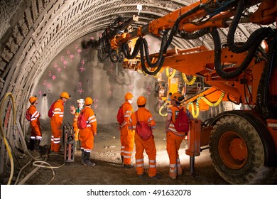 Geneva, Switzerland - May 22, 2014: Construction of piperoof grouting for tunnel construction