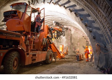 Geneva, Switzerland - May 22, 2014: Construction of piperoof grouting for tunnel construction