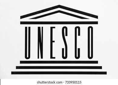 Geneva, Switzerland - October 1, 2017: UNESCO logo on a wall. UNESCO, the United Nations Educational, Scientific and Cultural Organization is a specialized agency of the United Nations based in Paris