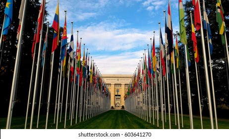 GENEVA, SWITZERLAND - October 11, 2015: National flags at the entrance in UN office at Geneva, Switzerland . The United Nations was established in Geneva in 1947 and is the second largest UN office.