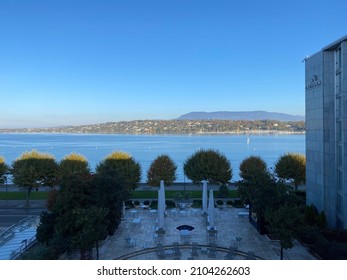 Geneva, Switzerland - October 27 2021: View over Lac Leman lake from the Hotel President Wilson
