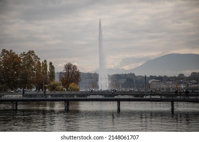 Geneva, Switzerland - October 27 2021: The Geneva Water Fountain on the Lac Leman lake
