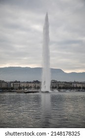 Geneva, Switzerland - October 27 2021: The Geneva Water Fountain on Lac Leman lake