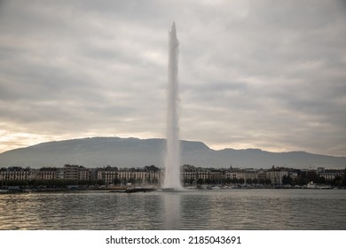 Geneva, Switzerland - October 27 2021: The Geneva Water Fountain on the shore of Lac Leman lake
