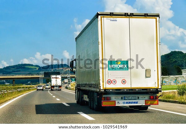 Geneva, Switzerland - September 1,\
2016: Truck on the road in Canton Geneva,\
Switzerland.